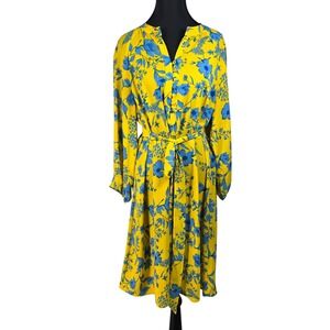Cabi Yellow Blue Floral Midi Dress Long Sleeve Tie Waist Womens Large L